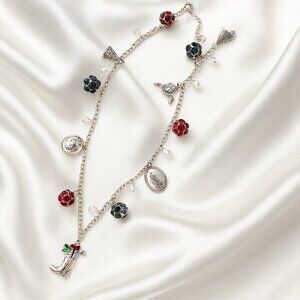 Holiday Charm Necklace with Red & Green Crystal Beads – Festive Silver Jewelry